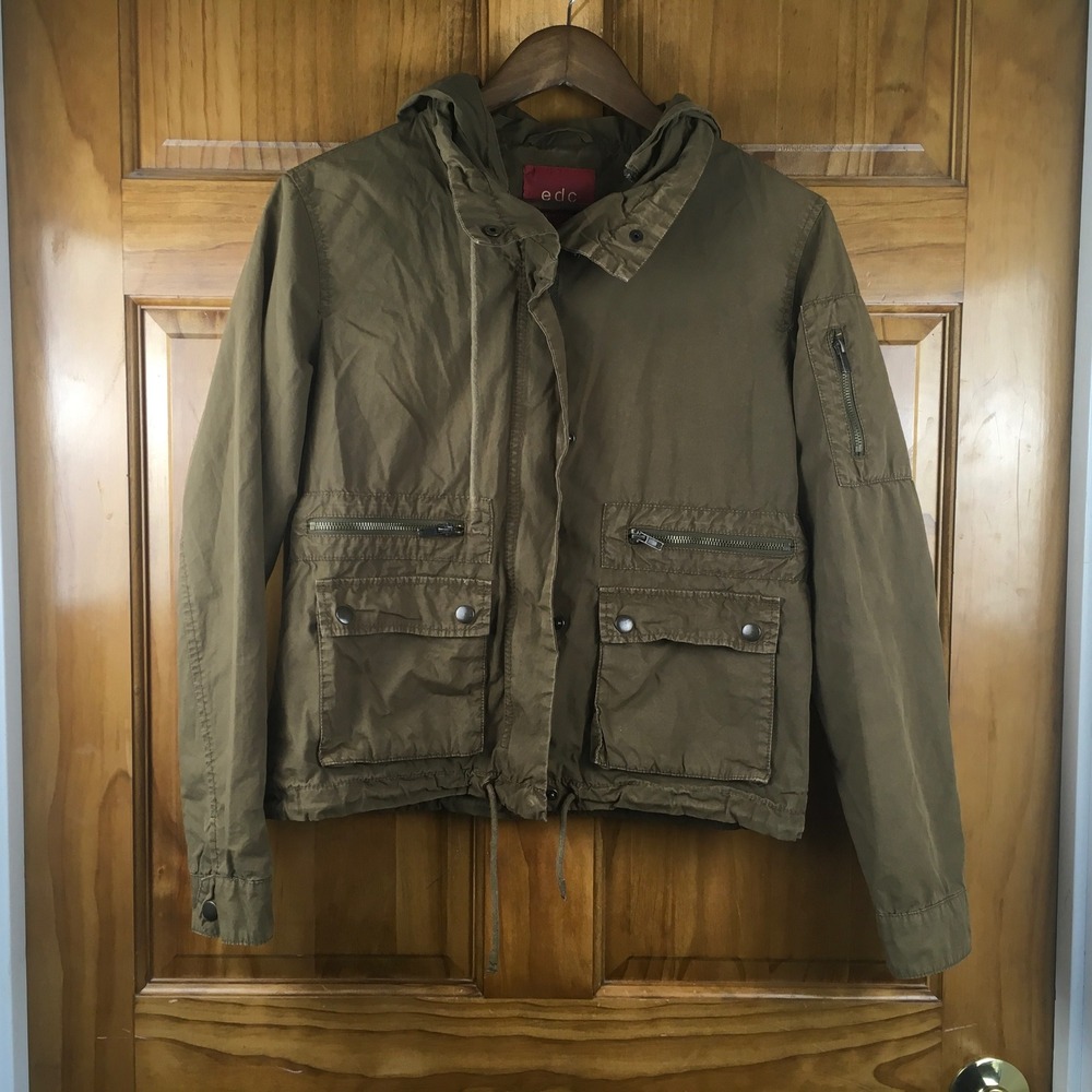 EDC Womens S Olive Green Utility Field Jacket Hooded Cotton Gorpcore Cargo